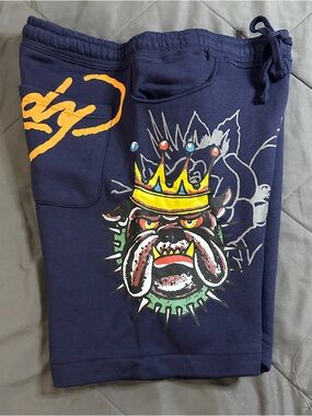 Ed Hardy men’s shorts size large Navy Shorts with Bulldog king Graphic NWT